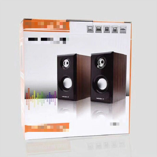 Box packaging of a pair of black speakers with colorful equalizer graphic on a light gray background