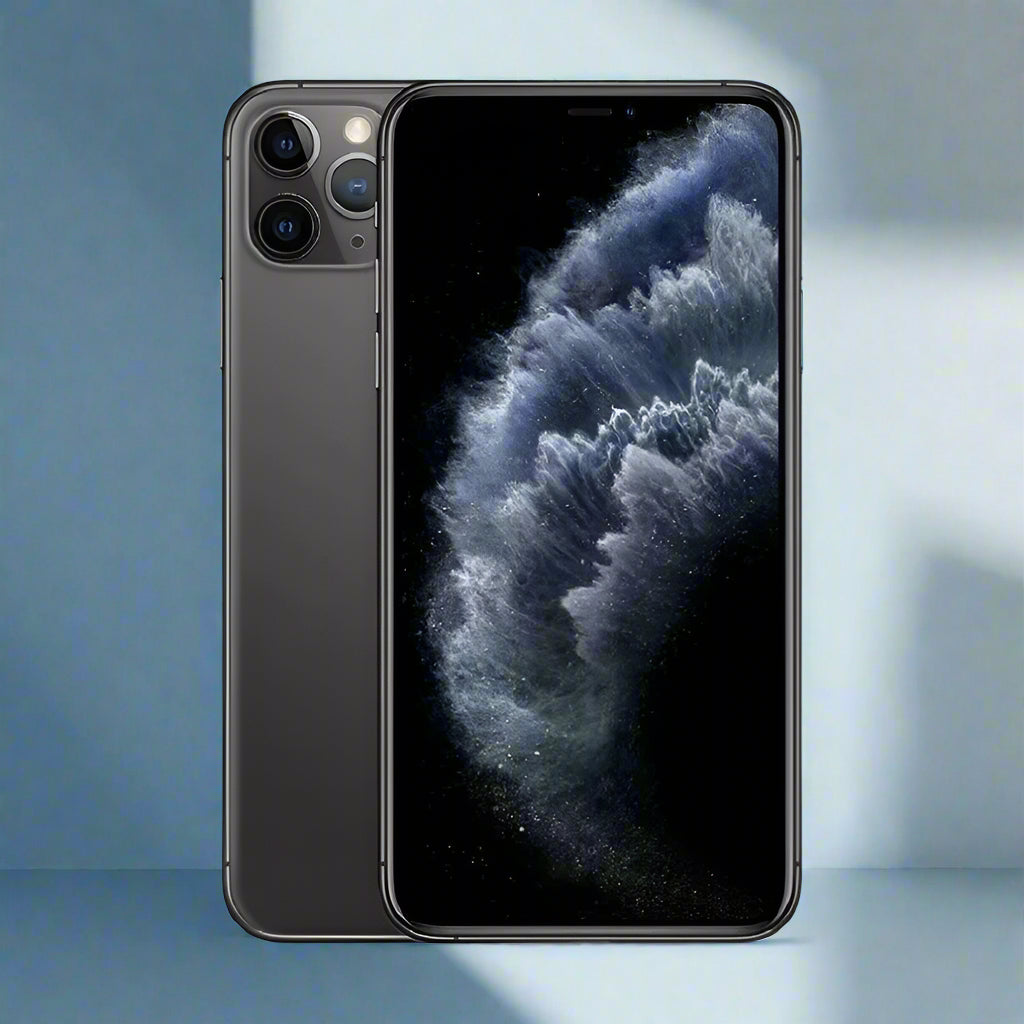 Black smartphone showing front and back on a white background
