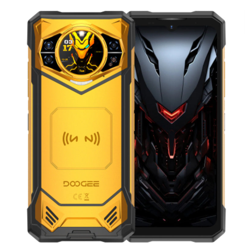 Two DOOGEE smartphones, one yellow and one black with red accents, on a white background.