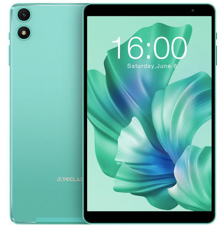 Teal tablet with a colorful display and 'TECLAST' branding on a white background