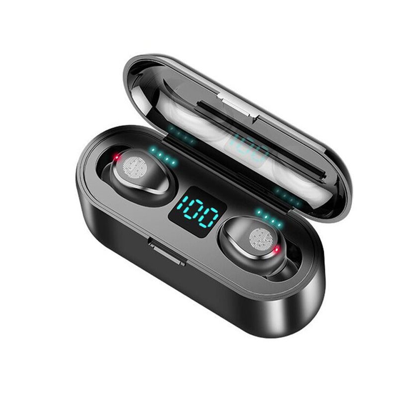 Wireless earbuds with charging case on a white background