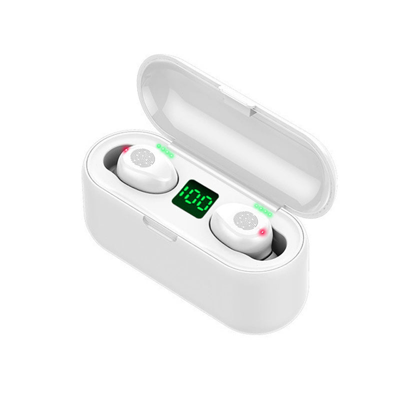 White wireless earbuds with charging case on a white background