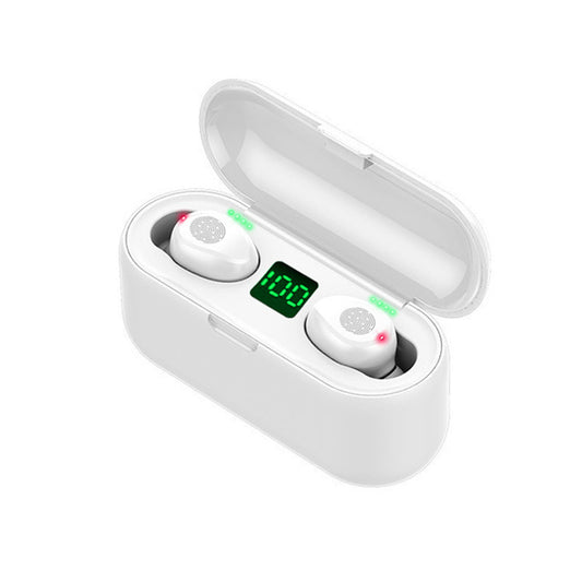 White wireless earbuds with charging case on a white background