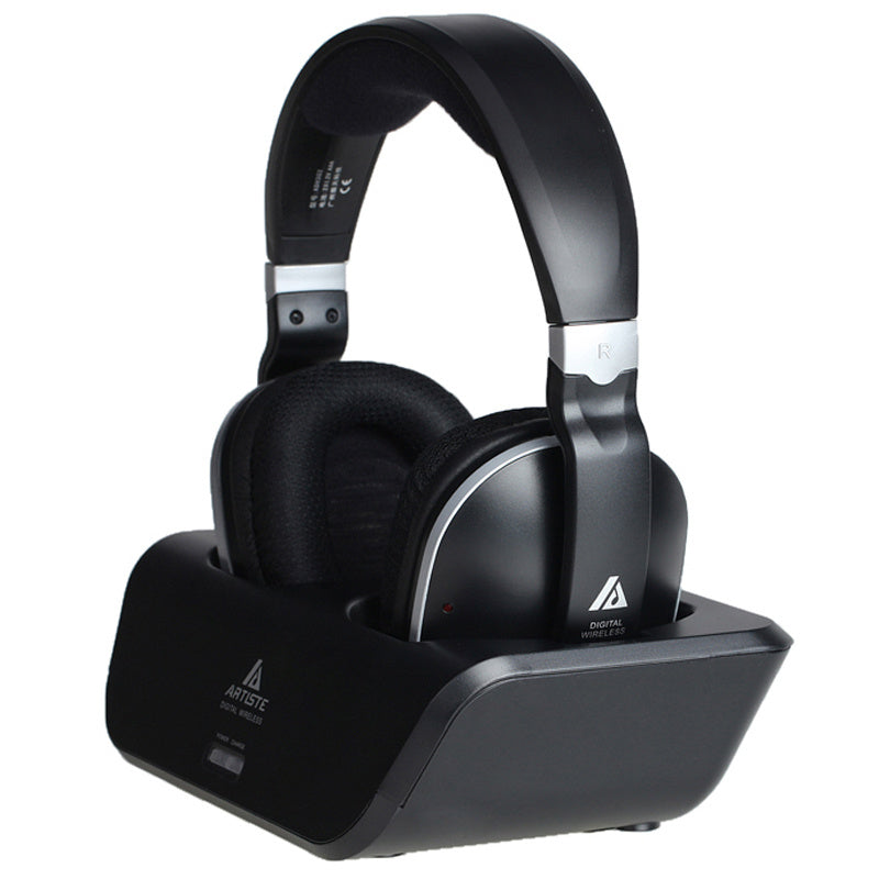 Black gaming headset with charging stand on a white background