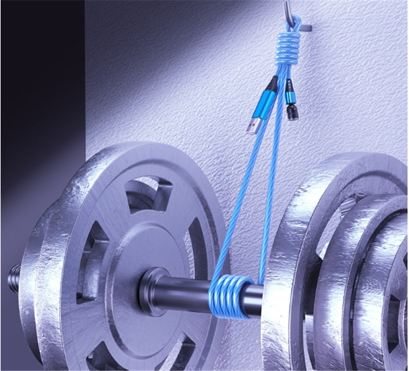 Metallic pulley system with blue ropes on a textured gray background