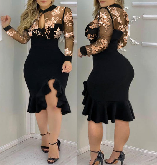 Mesh Embroidery Sexy Slim Irregular Hem Dress