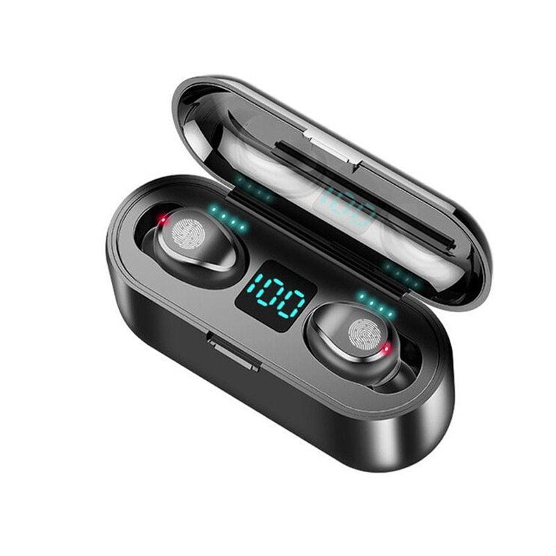 Wireless earbuds in a charging case with digital display on a white background