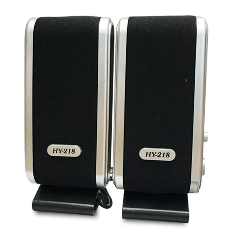 Pair of black speakers with 'HY-218' label on a white background