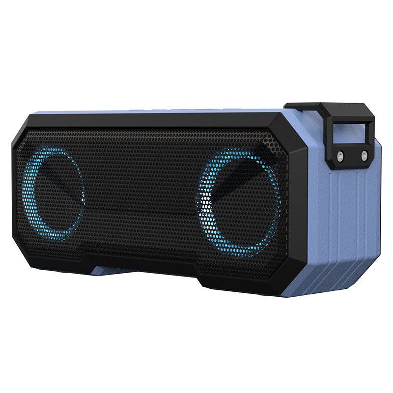 Black and blue portable speaker with LED lights on a white background