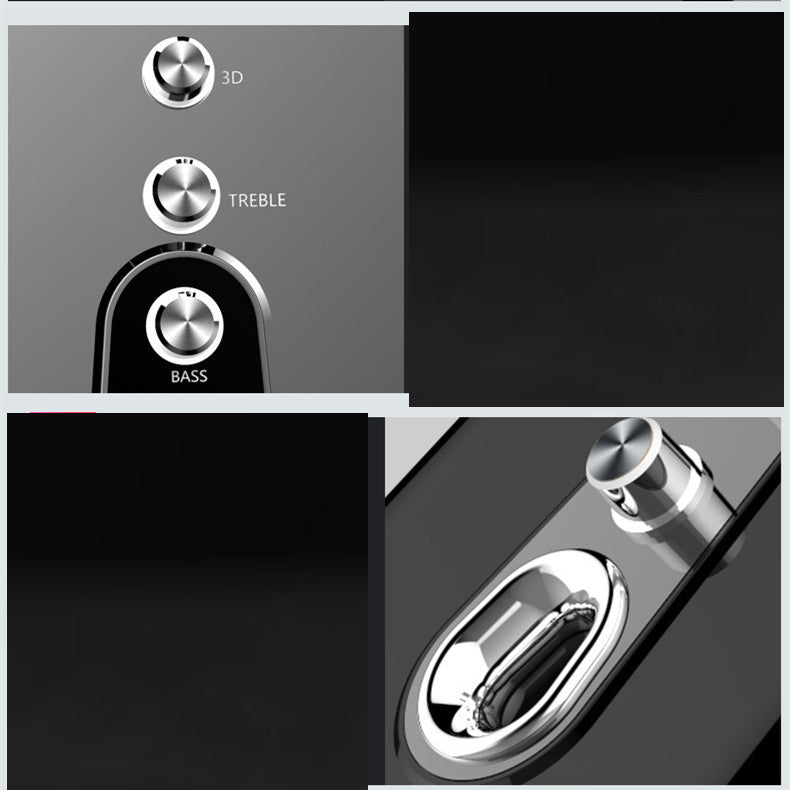 Close-up of audio control knobs on a speaker with '3D', 'Treble', and 'Bass' labels.