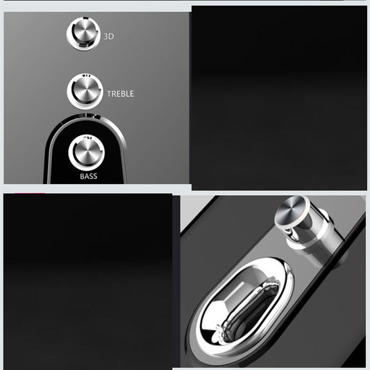 Close-up of audio control knobs on a speaker with '3D', 'Treble', and 'Bass' labels.