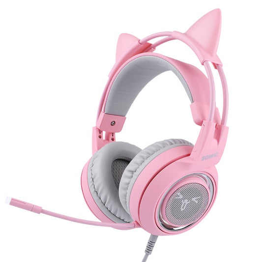 Pink gaming headset with cat ear design on a white background