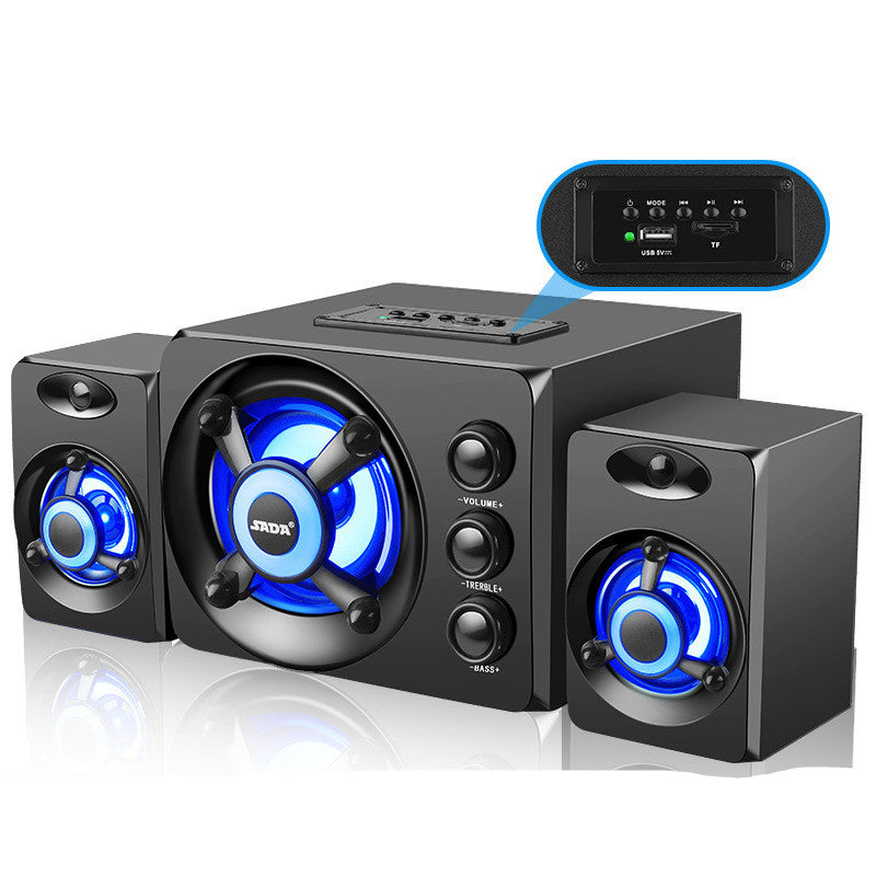 Black speaker system with blue LED lights on a white background