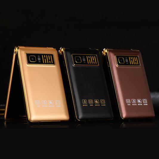 Three smartphones in gold, black, and bronze on a dark background