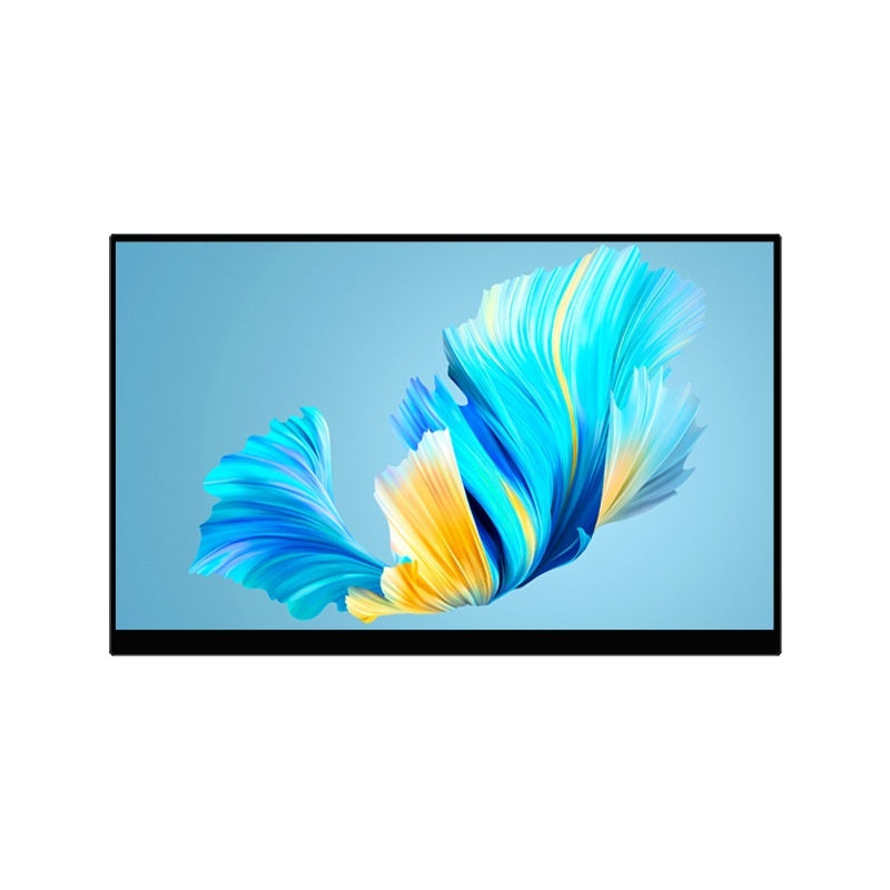 Television screen displaying colorful feather design on a blue background