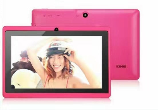 Pink tablet with a screen displaying a person wearing a helmet on a white background