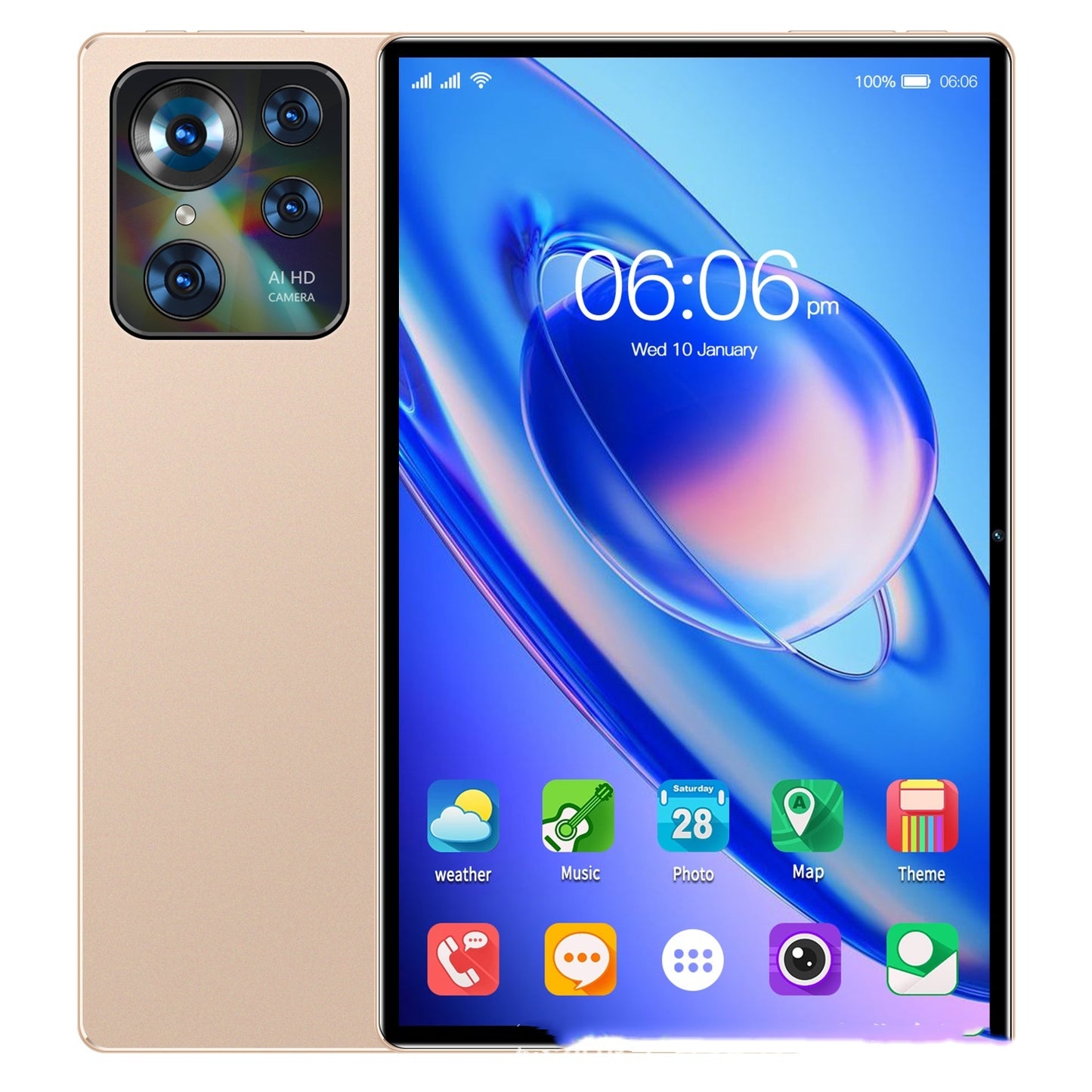 Smartphone with app icons on the screen and gold back