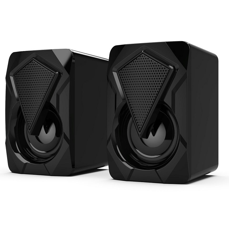 Pair of black speakers on a white background
