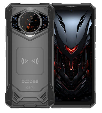 Two views of a Doogee phone case with a futuristic design on a white background