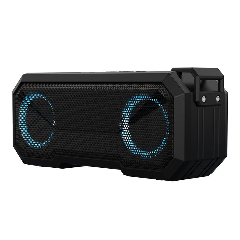 Black portable speaker with blue LED lights on a white background