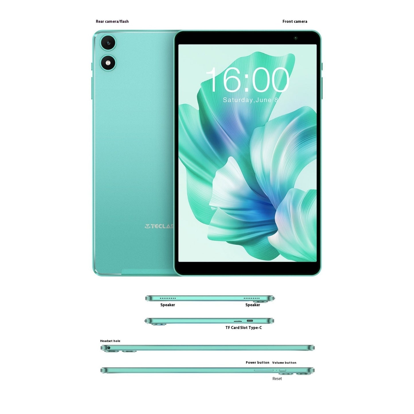 Teal tablet with front and back views, showing screen, camera, and hardware components.